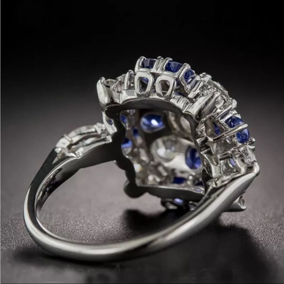 New 925 Flower Shape Blue Zircon Wedding Love Engagement Ring - Picture 5 of 6